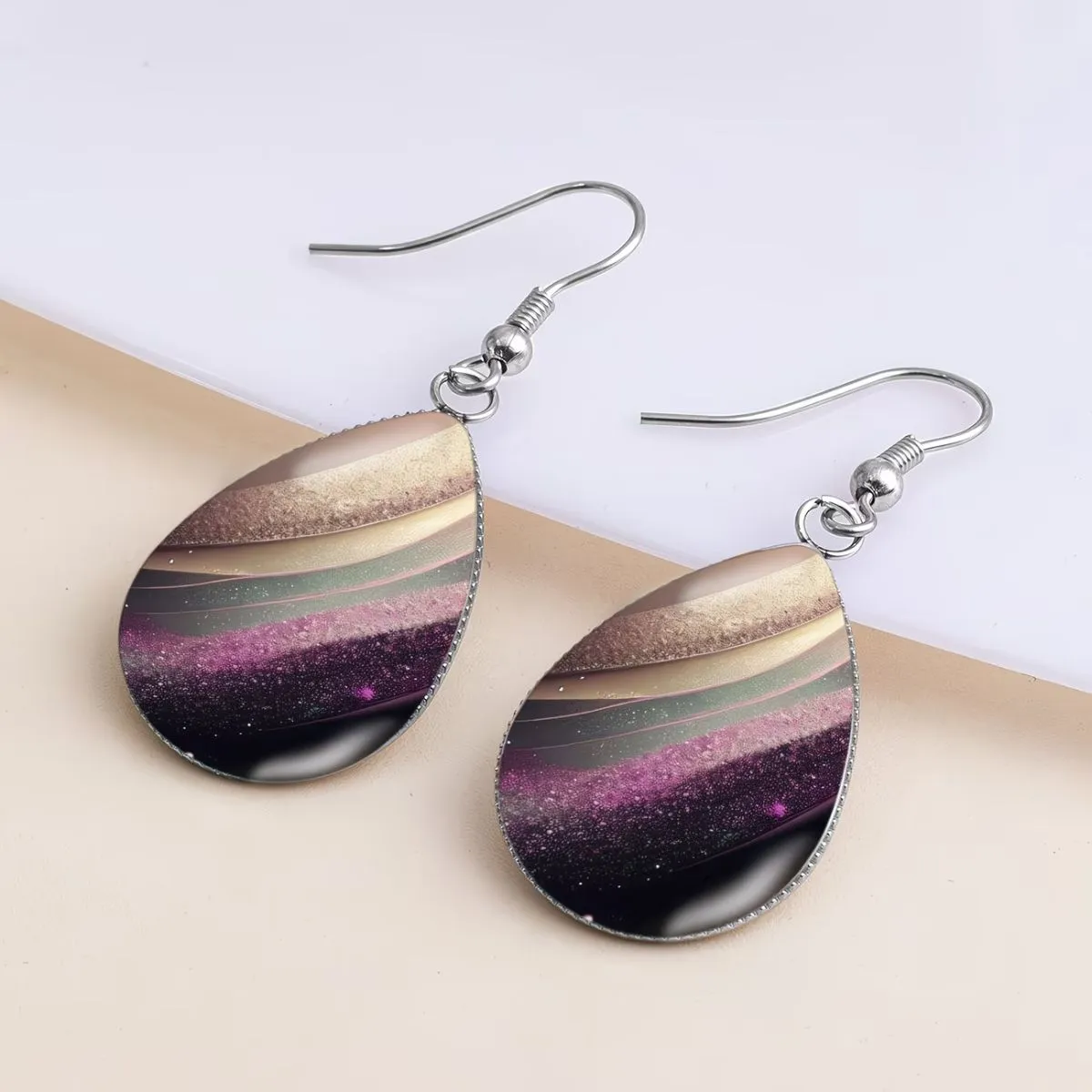 Gradient Purple-Pink Stainless Steel Earrings – Venus Gold Cloud Stripe Pattern, Natural Elegant Unisex Jewelry for Men & Women